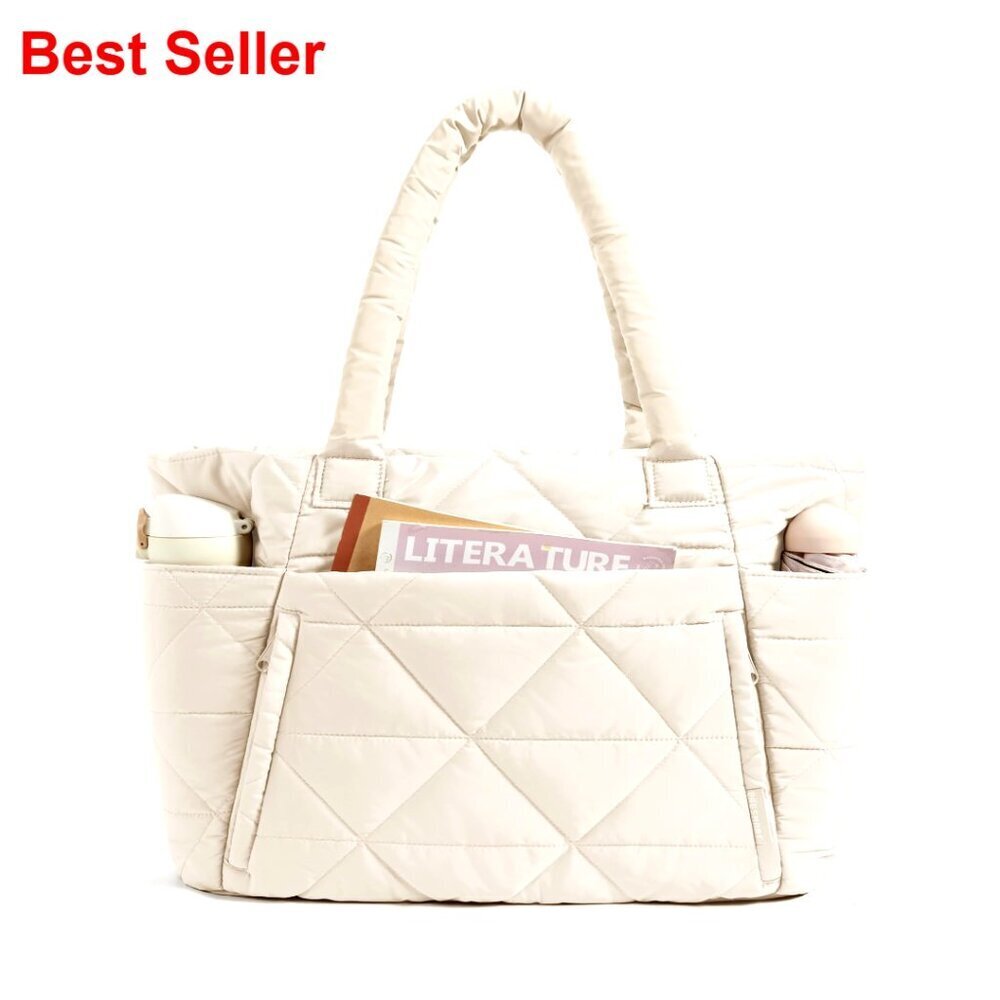 Large Puffy Tote Bag with Zipper, Quilted Shoulder Bag for Travel Work Gym